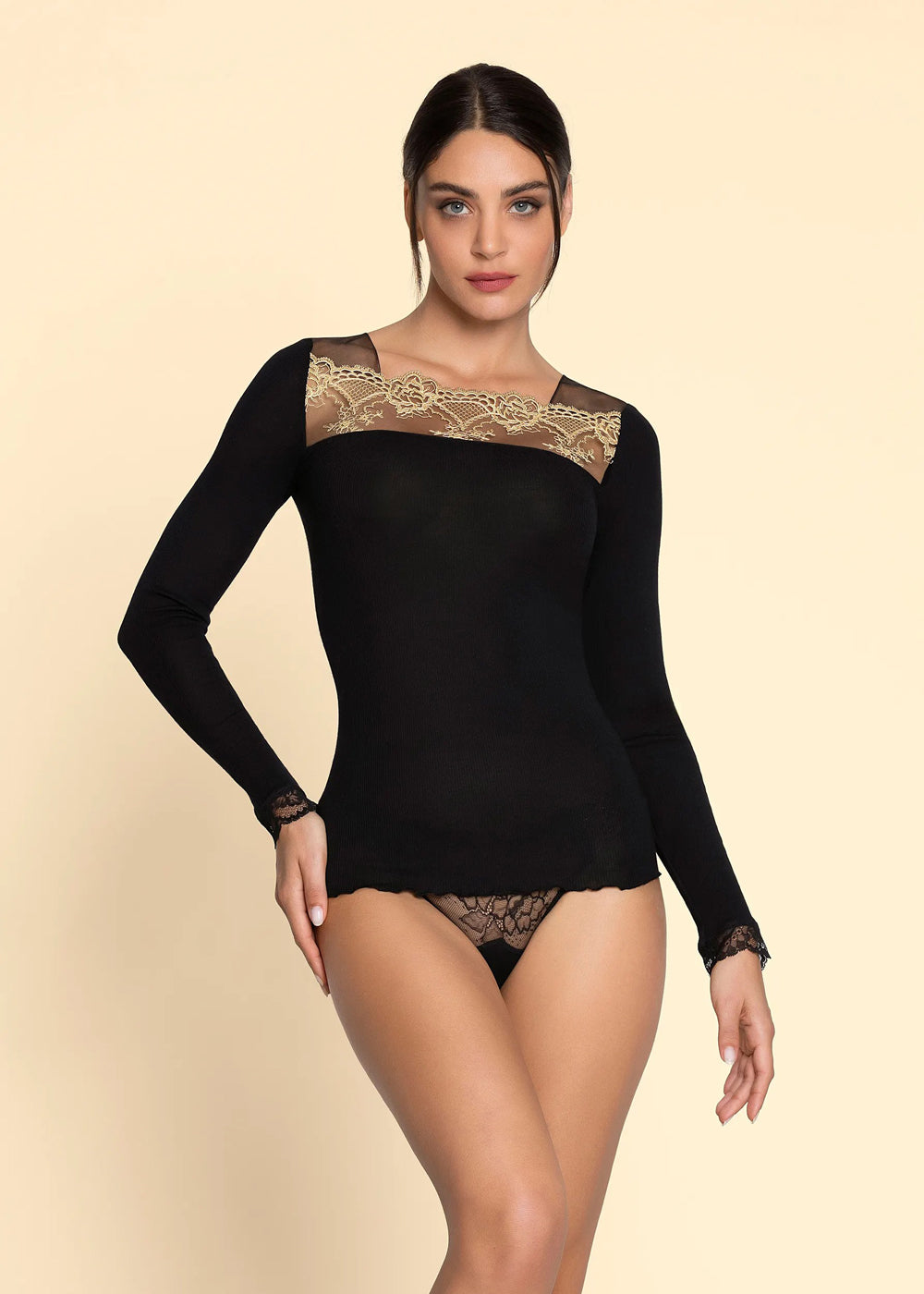 Lise Charmel Longsleeve SUBLIME EN OR schwarz-goldene Calaiser Leavers-Spitze