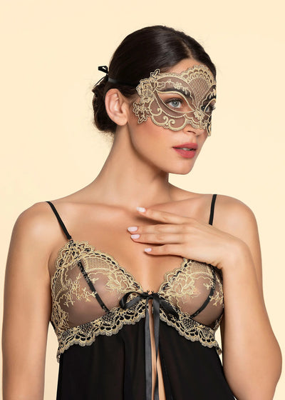 Lise Charmel Maske SUBLIME EN OR schwarz goldene Spitze Satinbänder zum Binden