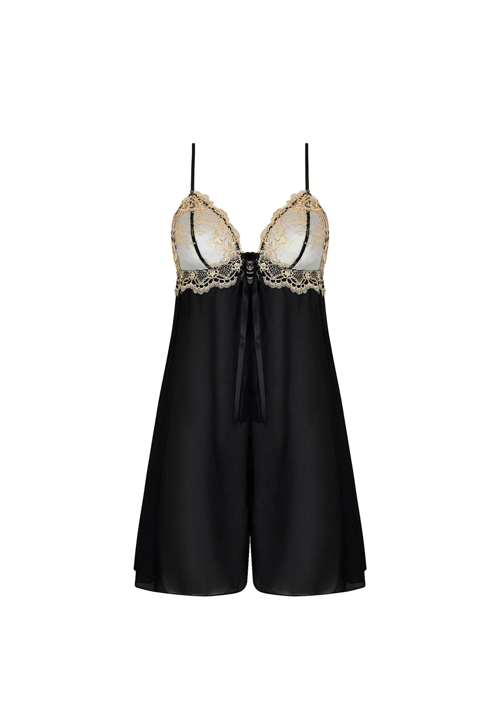 Lise Charmel Negligé Babydoll SUBLIME EN OR schwarz Seide goldene Spitze Blüten