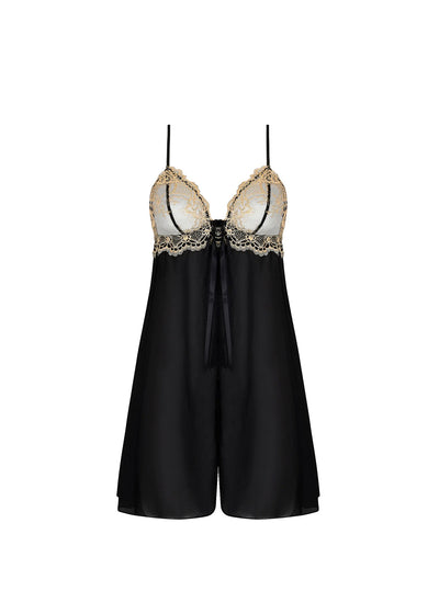 Lise Charmel Negligé Babydoll SUBLIME EN OR schwarz Seide goldene Spitze Blüten
