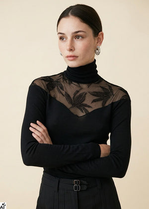 Madiva Longsleeve FLAMENCO schwarz Wolle-Seide mit Rollkragen mit Ausbrennerspitze