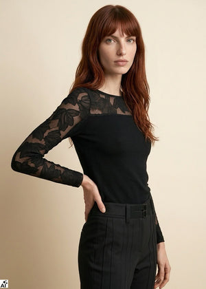 Madiva Longsleeve TANGO schwarz Wolle-Seide mit Spitze an Schultern und Armen
