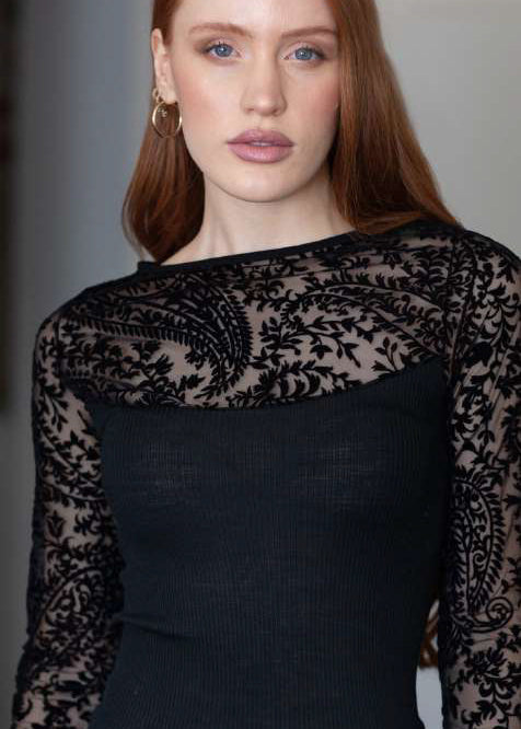 Madiva Longsleve MARGOT BARCHETTA schwarz Ausbrennerspitze Trikot Wolle-Seide