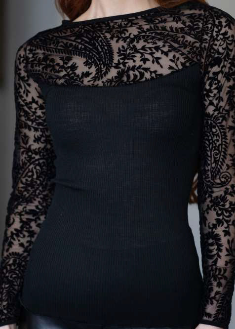 Madiva Longsleve MARGOT BARCHETTA schwarz Ausbrennerspitze Trikot Wolle-Seide