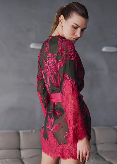 Marjolaine Kimono Chiffon-Seide BARBARA bronze-magenta Ausbrenner-Spitze