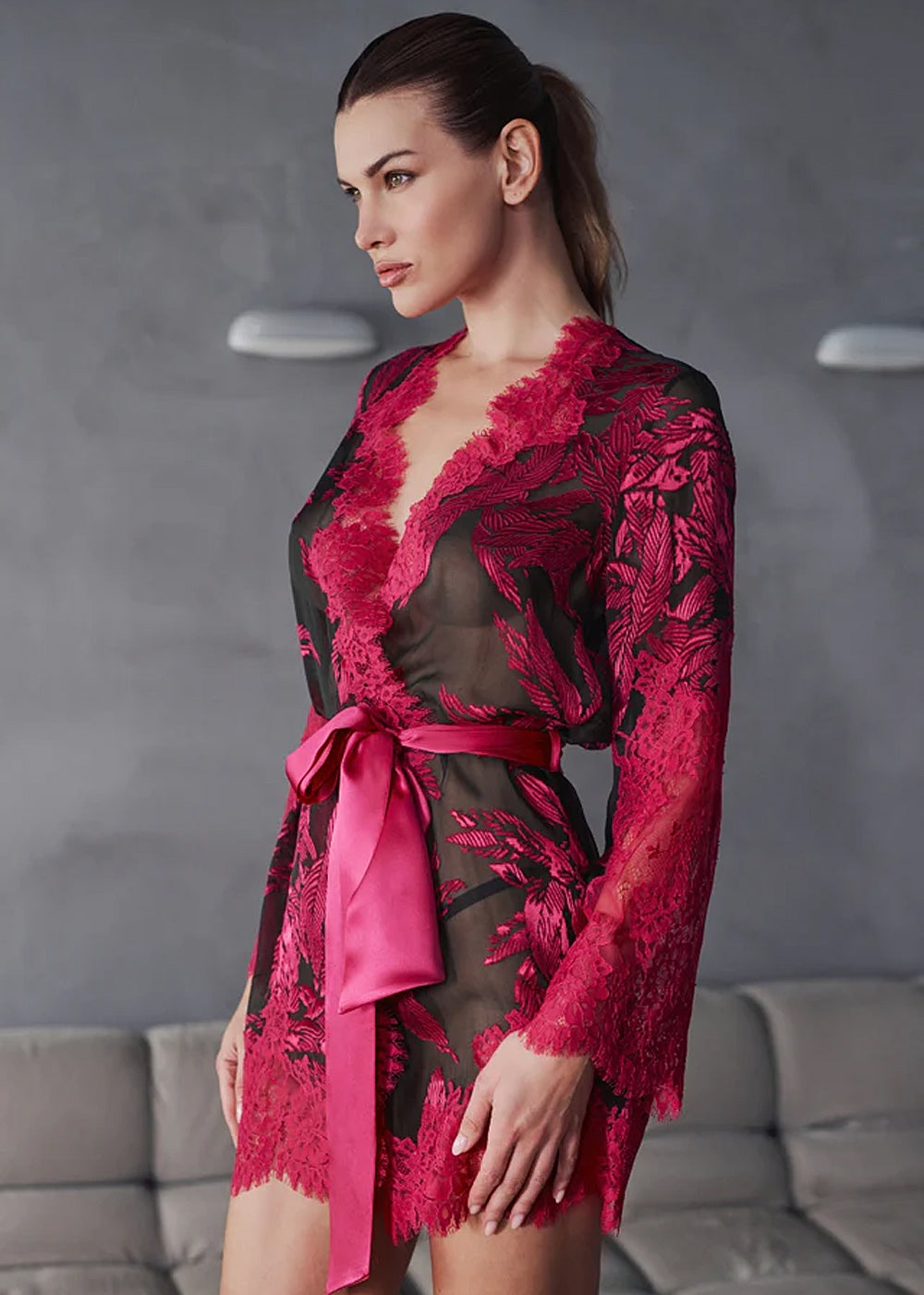 Marjolaine Kimono Chiffon-Seide BARBARA bronze-magenta Ausbrenner-Spitze