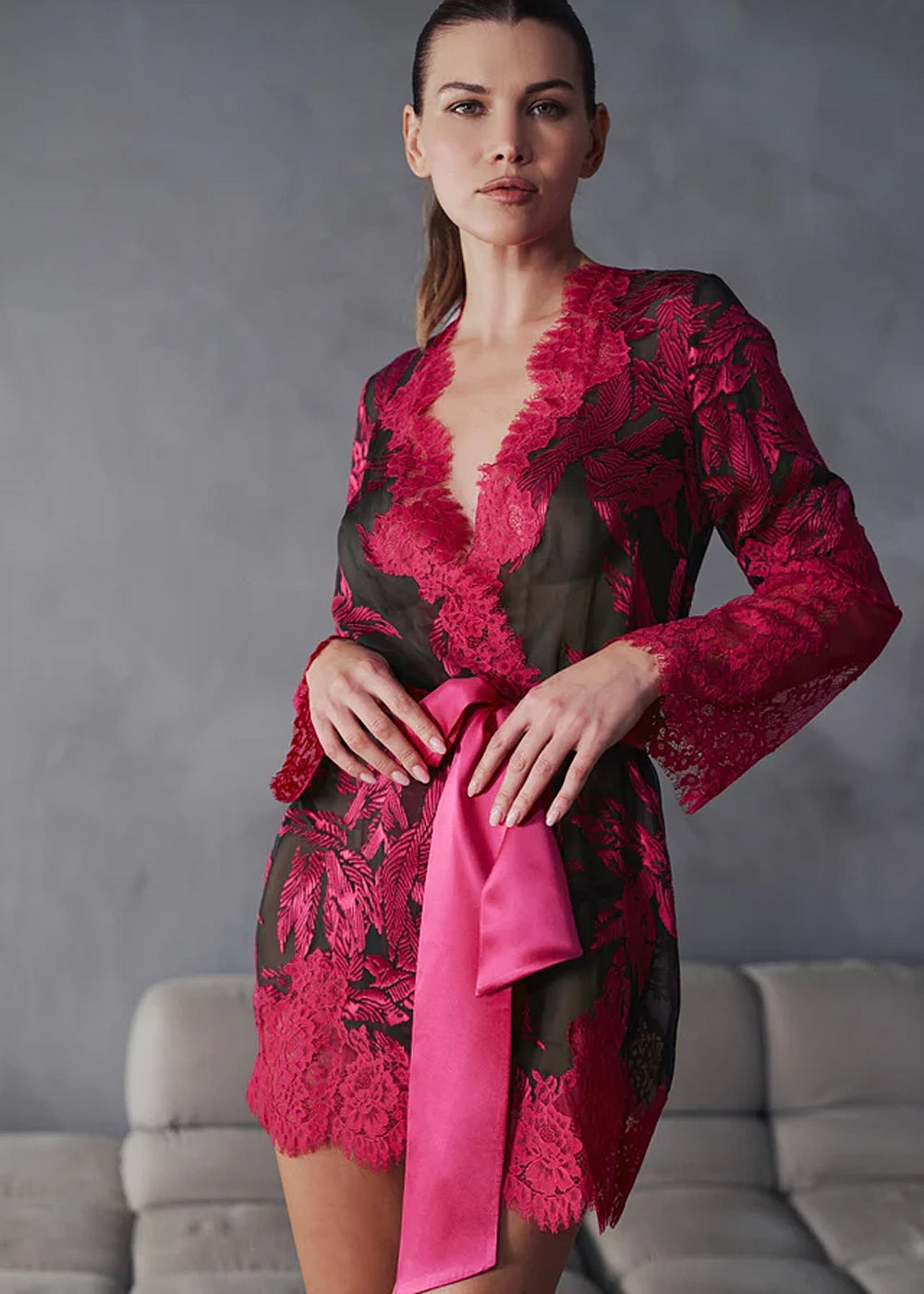 Marjolaine Kimono Chiffon-Seide BARBARA bronze-magenta Ausbrenner-Spitze