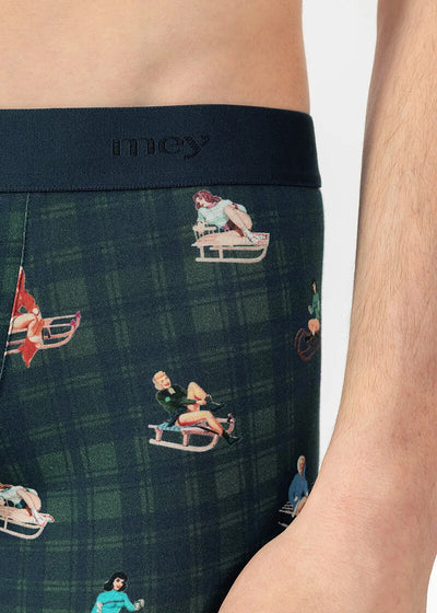 Mey Boxershorts SLEDGE RIDE dunkelblau dunkelgrün kariert Print mit Pin-up-Girls auf Schlitten