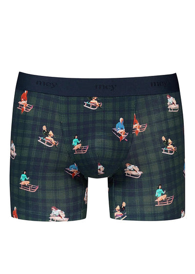 Mey Boxershorts SLEDGE RIDE dunkelblau dunkelgrün kariert Print mit Pin-up-Girls auf Schlitten