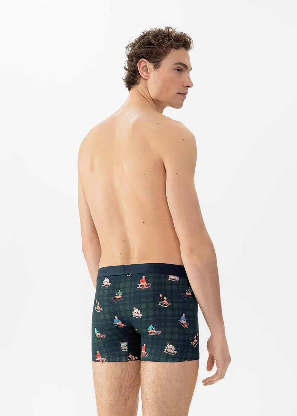 Mey Boxershorts SLEDGE RIDE dunkelblau dunkelgrün kariert Print mit Pin-up-Girls auf Schlitten