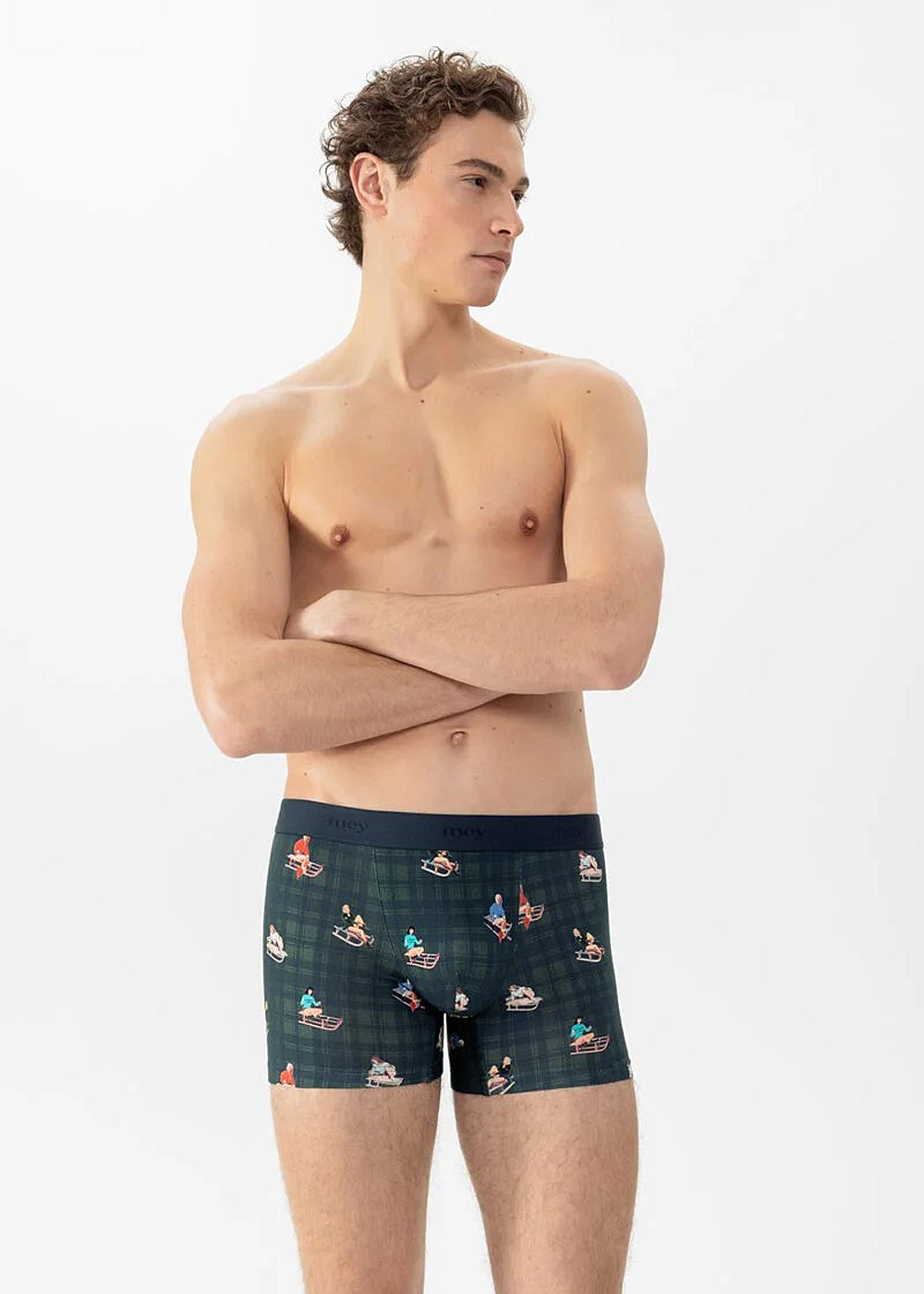 Mey Boxershorts SLEDGE RIDE dunkelblau dunkelgrün kariert Print mit Pin-up-Girls auf Schlitten