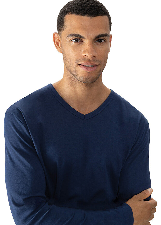 Mey Langarm-T-Shirt SOLID NIGHT dunkelblau Baumwolle klassisch V-Ausschnitt