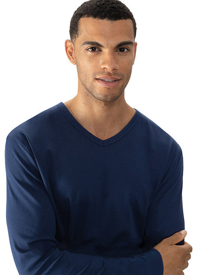 Mey Langarm-T-Shirt SOLID NIGHT dunkelblau Baumwolle klassisch V-Ausschnitt