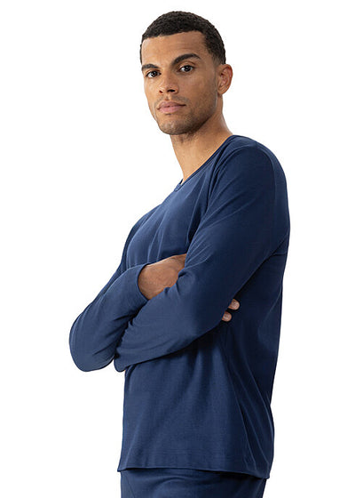 Mey Langarm-T-Shirt SOLID NIGHT dunkelblau Baumwolle klassisch V-Ausschnitt