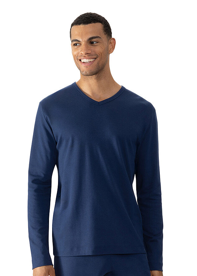 Mey Langarm-T-Shirt SOLID NIGHT dunkelblau Baumwolle klassisch V-Ausschnitt