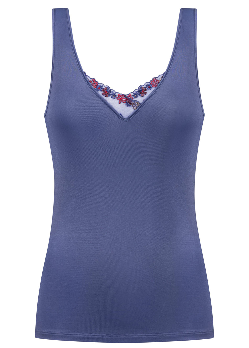 Mey Top PRETTY SENSE blau breite Träger V-Ausschnitt Spitzeverzierung