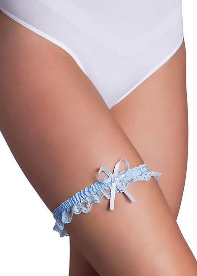 Miss Perfect schmales Strumpfband hellblau Blumenspitze Rüschen Satin-Schleife