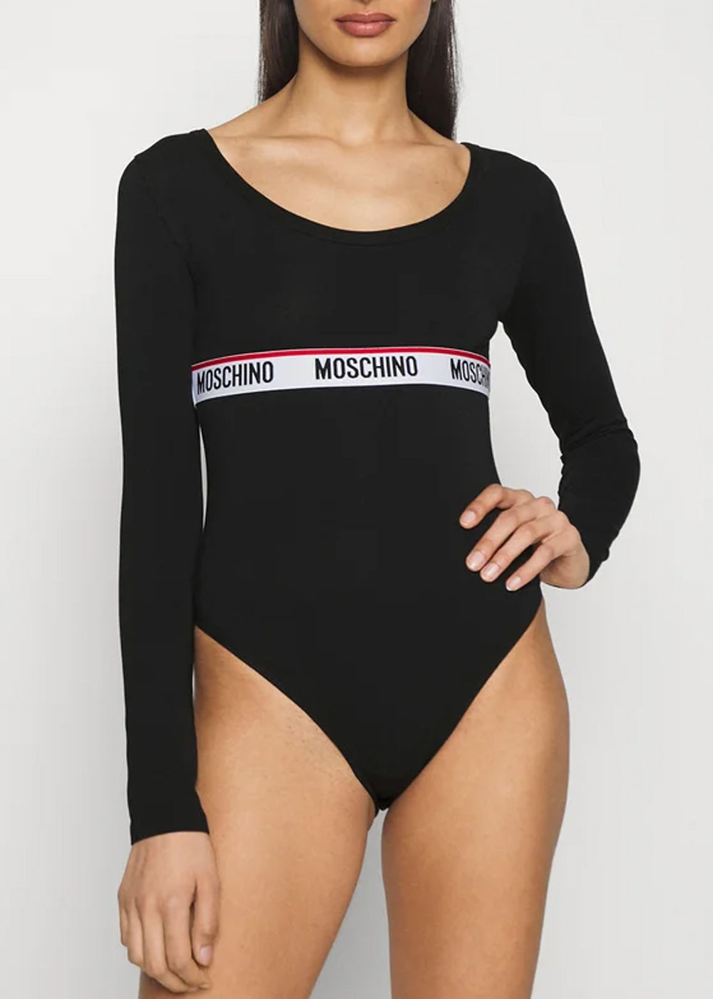 Moschino Langarm-Body BASIC JERSEY schwarz rot-weißes Logoband