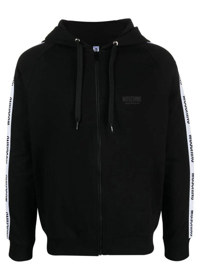 Moschino Herren Zipp-Jacke BASIC JERSEY schwarz mit weiß rotem Logo-Streifen seitlich