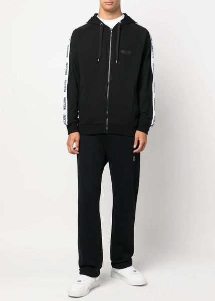 Moschino Herren Zipp-Jacke BASIC JERSEY schwarz mit weiß rotem Logo-Streifen seitlich