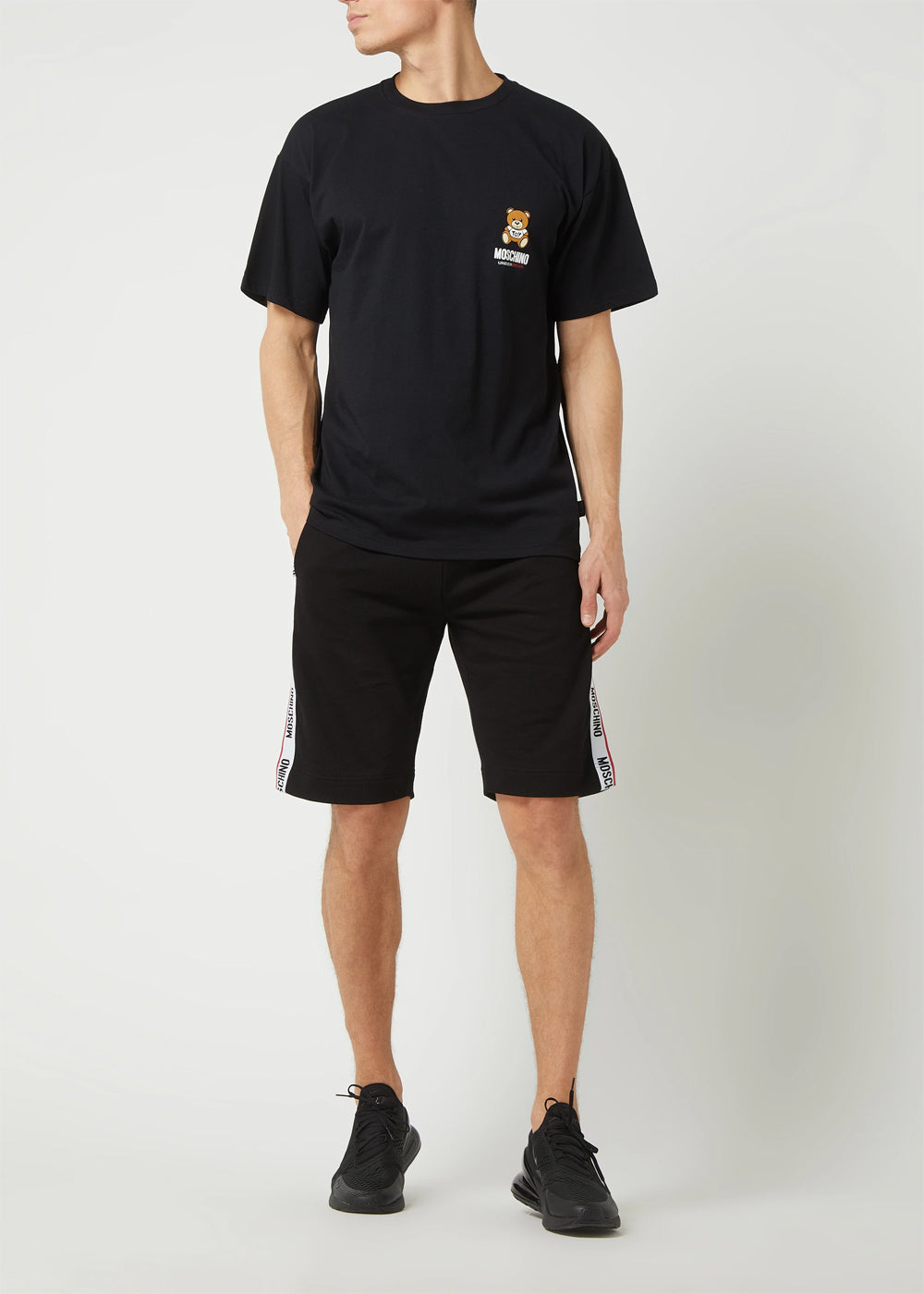 Moschino kurze Jogginghose BASIC JERSEY schwarz mit weiß roten Logo-Streifen