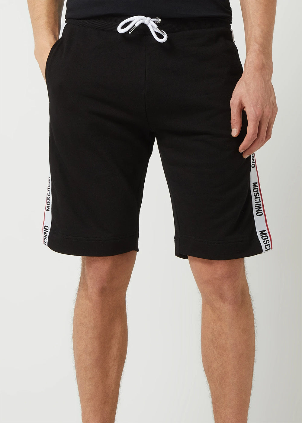 Moschino kurze Jogginghose BASIC JERSEY schwarz mit weiß roten Logo-Streifen