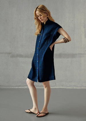 Pluto Hemdkleid PENNIE denimblau ärmellos Kragen Knopfleiste knielang