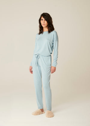 Pluto langer Schlafanzug HELINA hellblau weiß gestreift langarm Rundhalsausschnitt