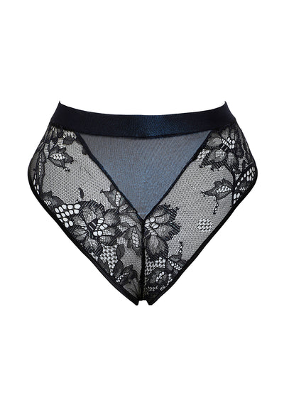 Prelude Highwaist-Brazilian DEEP BLUE schwarz mit blau schimmerndem Tüll Spitze in Tattoo-Optik