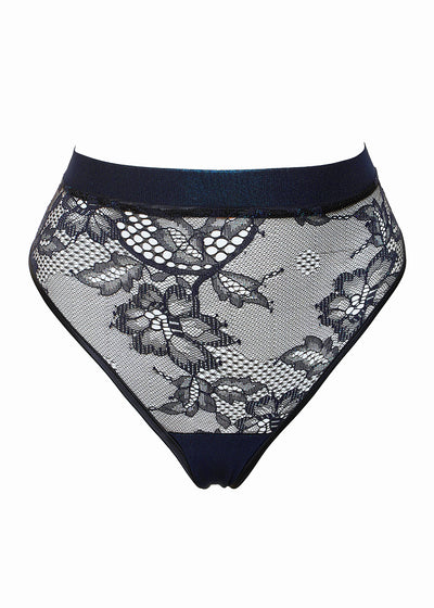 Prelude Highwaist-Brazilian DEEP BLUE schwarz mit blau schimmerndem Tüll Spitze in Tattoo-Optik