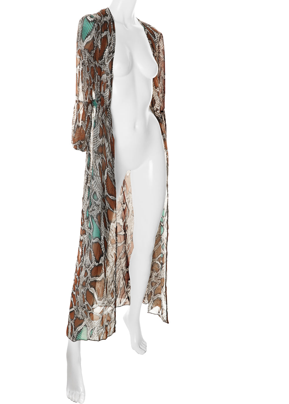 Prelude Maxi Kaftan MERMAIDS Schlangen-Print transparent zum Binden mit langem Arm