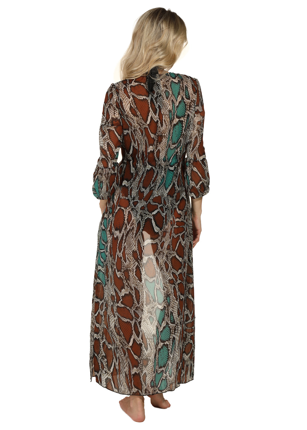 Prelude Maxi Kaftan MERMAIDS Schlangen-Print transparent zum Binden mit langem Arm