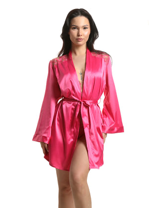Prelude Morgenmantel SPLENDIDA pink kurz aus Satin Spitze in Tattoo-Optik Gürtel