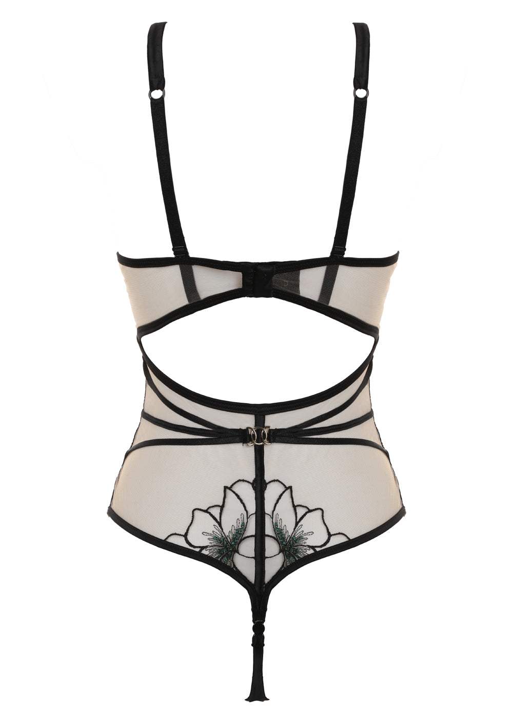 Prelude String-Body DELICATE NIMPH beige-schwarz aus Tüll Stickerei mit Lurex