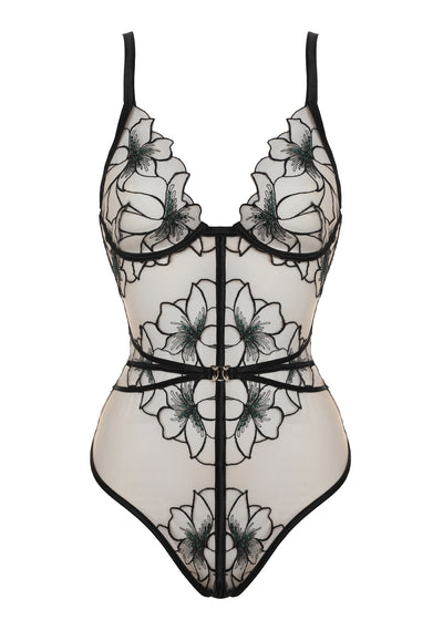 Prelude String-Body DELICATE NIMPH beige-schwarz aus Tüll Stickerei mit Lurex