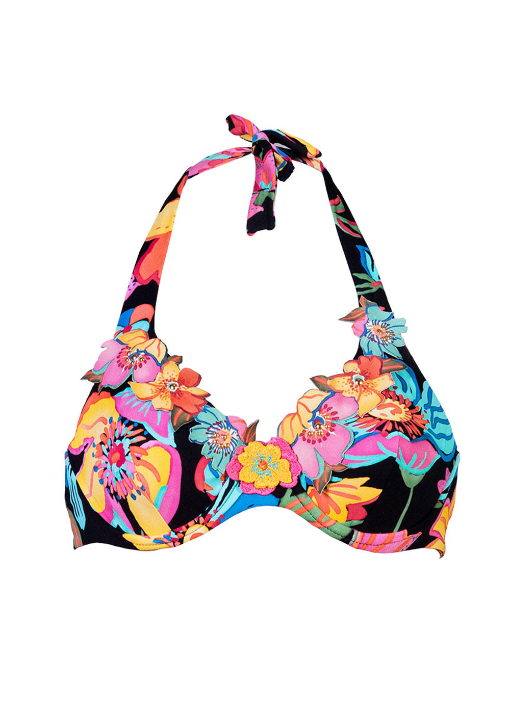 Raffaela d'Angelo Neckholder Bikinioberteil BORCHIE schwarz bunte 3D-Blumen Goldnieten