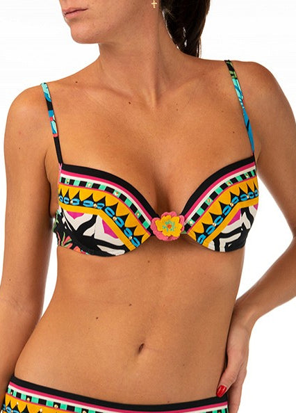Raffaela d'Angelo Push-Up-Bikinioberteil BORCHIE schwarz buntes Muster Blüte Goldnieten