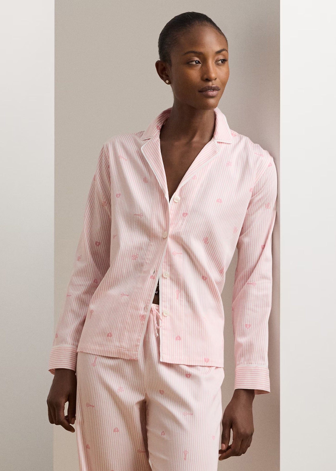 Ralph Lauren Satin-Pyjama BLUSH hellrosa weiß gestreift Hemdkragen langarm