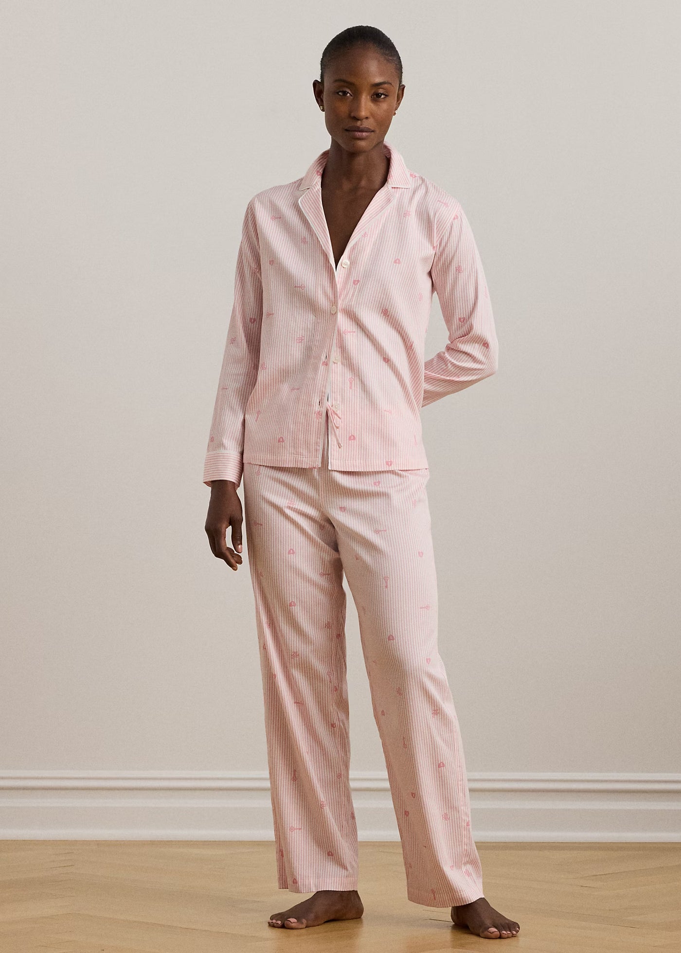 Ralph Lauren Satin-Pyjama BLUSH hellrosa weiß gestreift Hemdkragen langarm