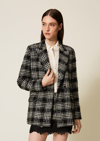 TWIN-SET Blazer QUADRI schwarz champagner Bouclé Karomuster