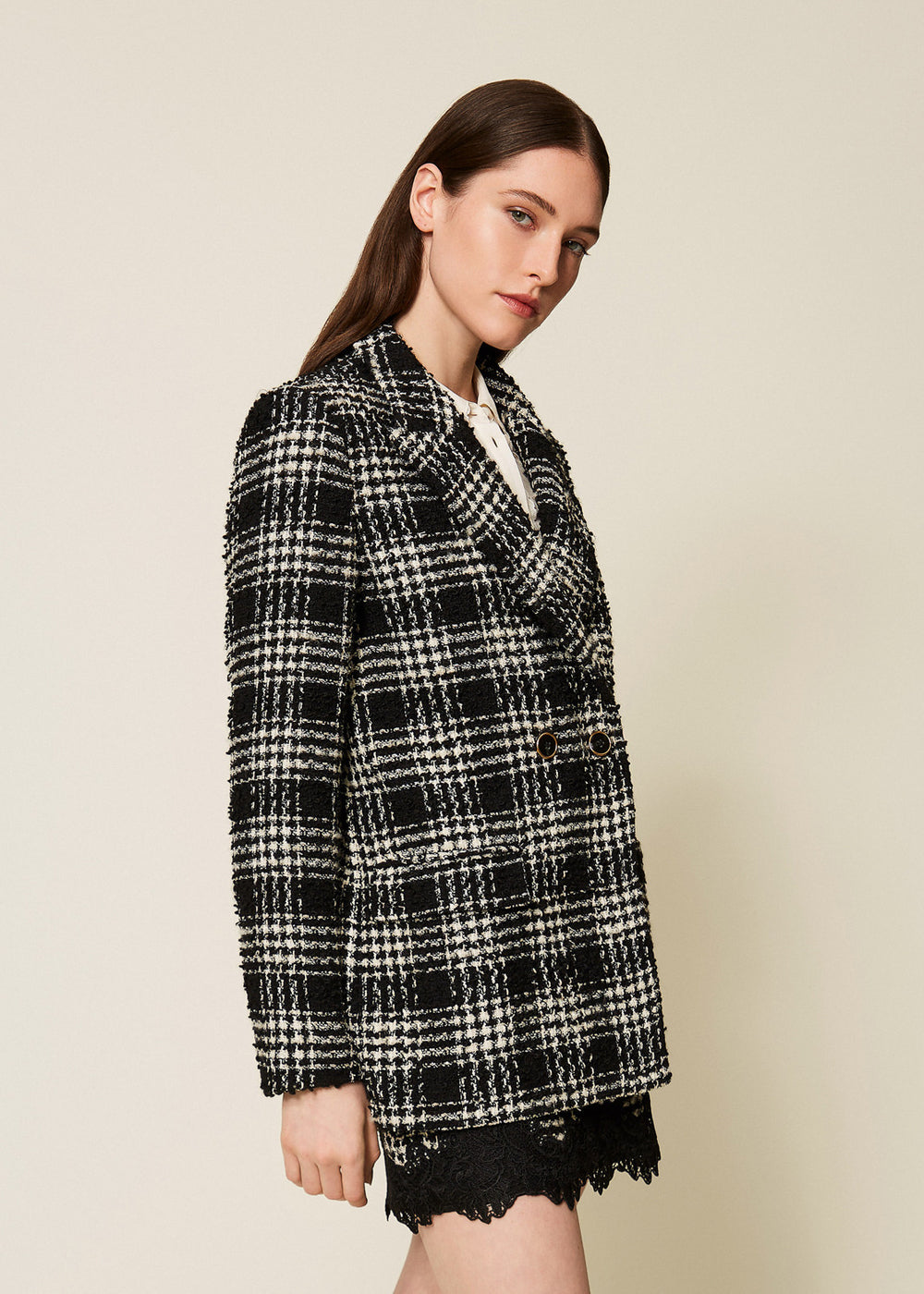 TWIN-SET Blazer QUADRI schwarz champagner Bouclé Karomuster