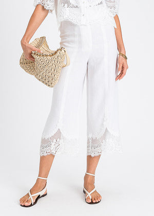 TWINSET Cropped Hose BIANCO OTTICO weiß Leinen Spitze transparente Abschlüsse