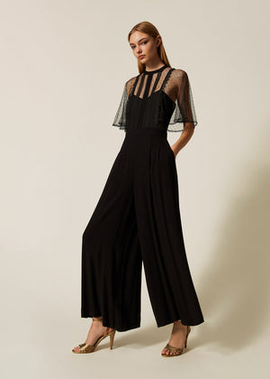 TWIN-SET Jumpsuit CREPE schwarz lang Plumetis-Tüll Spitzenborte weit geschnitten