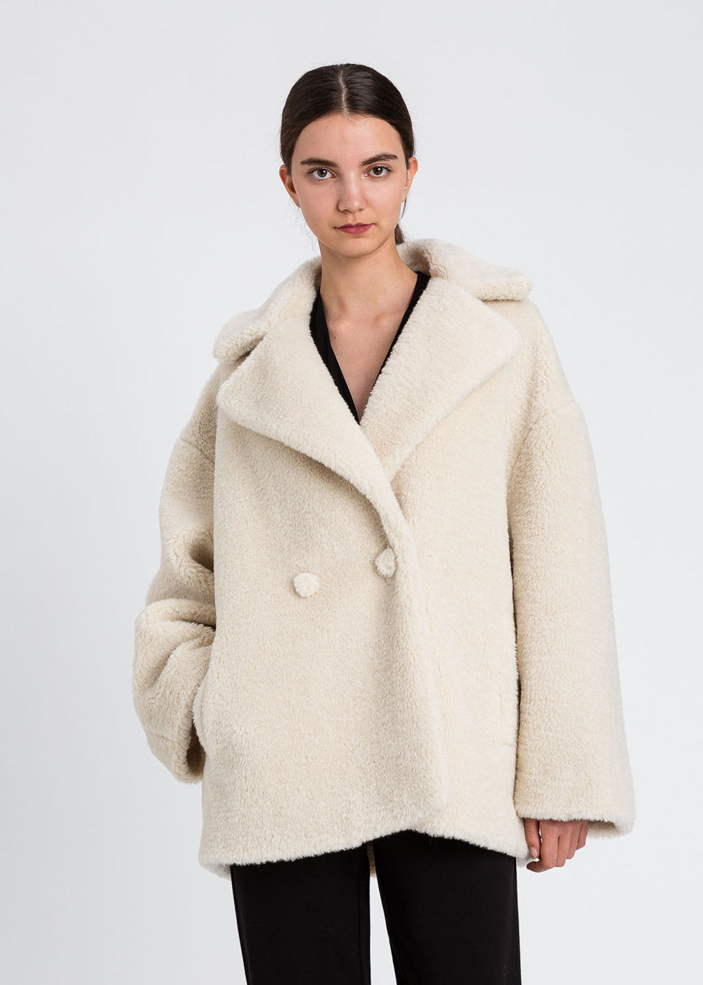 TWIN-SET Mantel CAPPOTTO champagner Teddy zweireihig Reverskragen