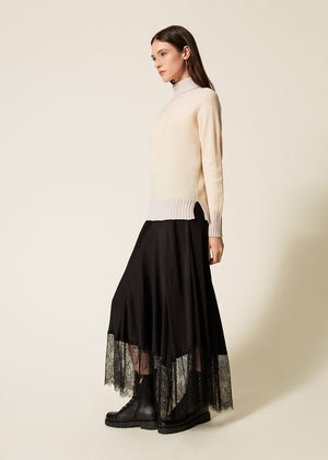 TWIN-SET Maxirock GONNA NERO schwarz Satin Festonspitze