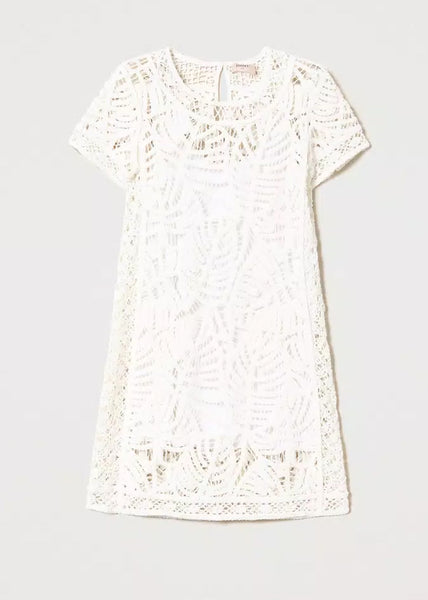 TWIN-SET kurzes Häkelkleid weiß florales Muster Unterkleid