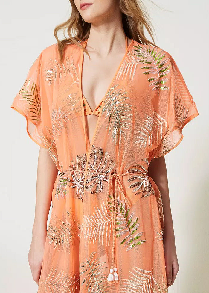 TWIN-SET langer Kaftan CANTALOUPE apricot Tüll Pailletten Fransen