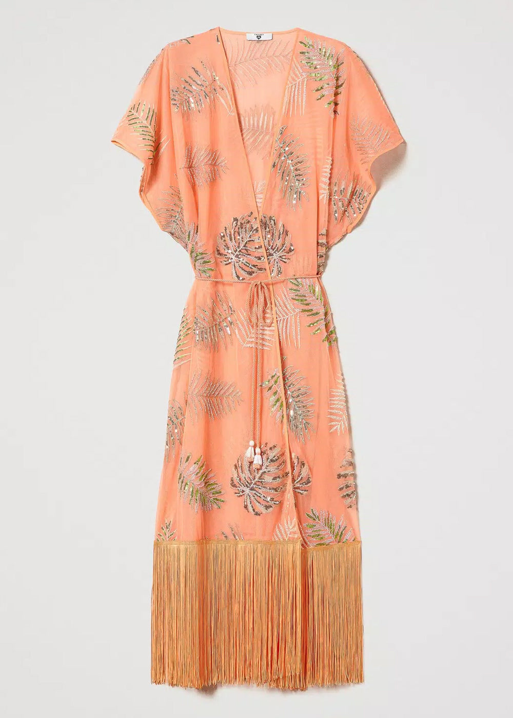 TWIN-SET langer Kaftan CANTALOUPE apricot Tüll Pailletten Fransen