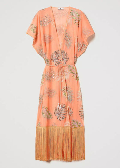 TWIN-SET langer Kaftan CANTALOUPE apricot Tüll Pailletten Fransen