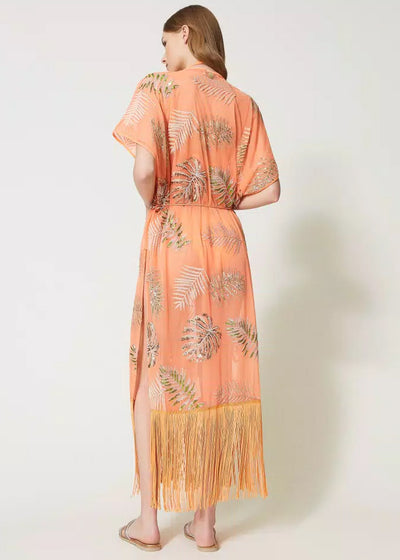 TWIN-SET langer Kaftan CANTALOUPE apricot Tüll Pailletten Fransen